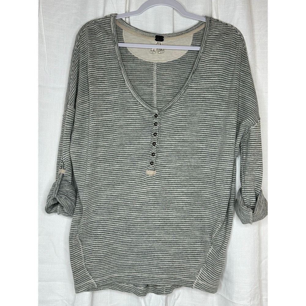 FREE PEOPLE We the Free Beach Haven Henley Striped Button Sleeve Top Size Small